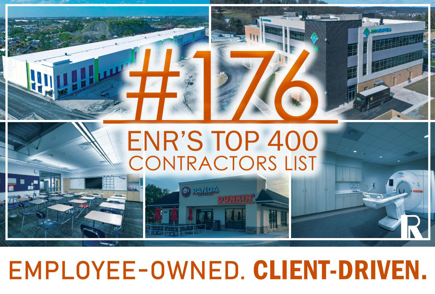Graphic featuring the number #176, the text “ENR’S TOP 400 CONTRACTORS LIST,” and “EMPLOYEE-OWNED. CLIENT-DRIVEN,” surrounding images of a warehouse, an office building, a classroom, a restaurant, and medical equipment.