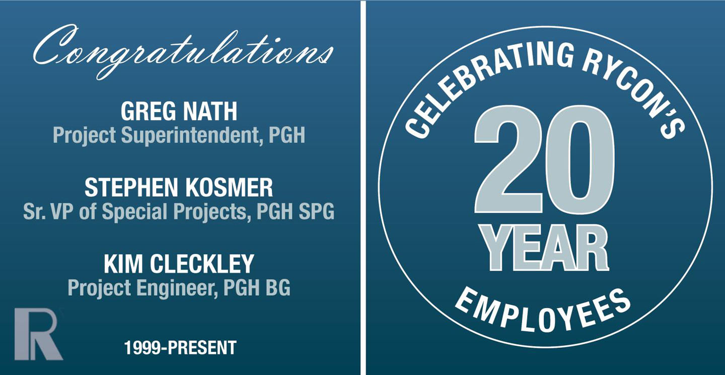 Graphic congratulating Rycon employees Greg Nath, Stephen Kosmer, and Kim Cleckley on their 20-year work anniversaries.