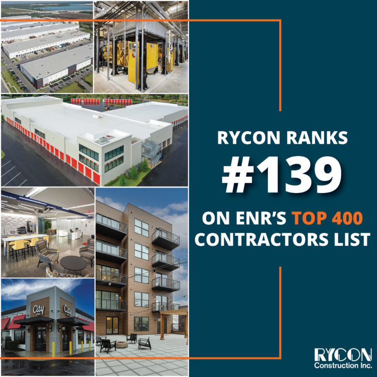 Graphic stating Rycon ranks number 139 on ENR’s Top 400 Contractors list, surrounded by photos of various commercial construction projects.