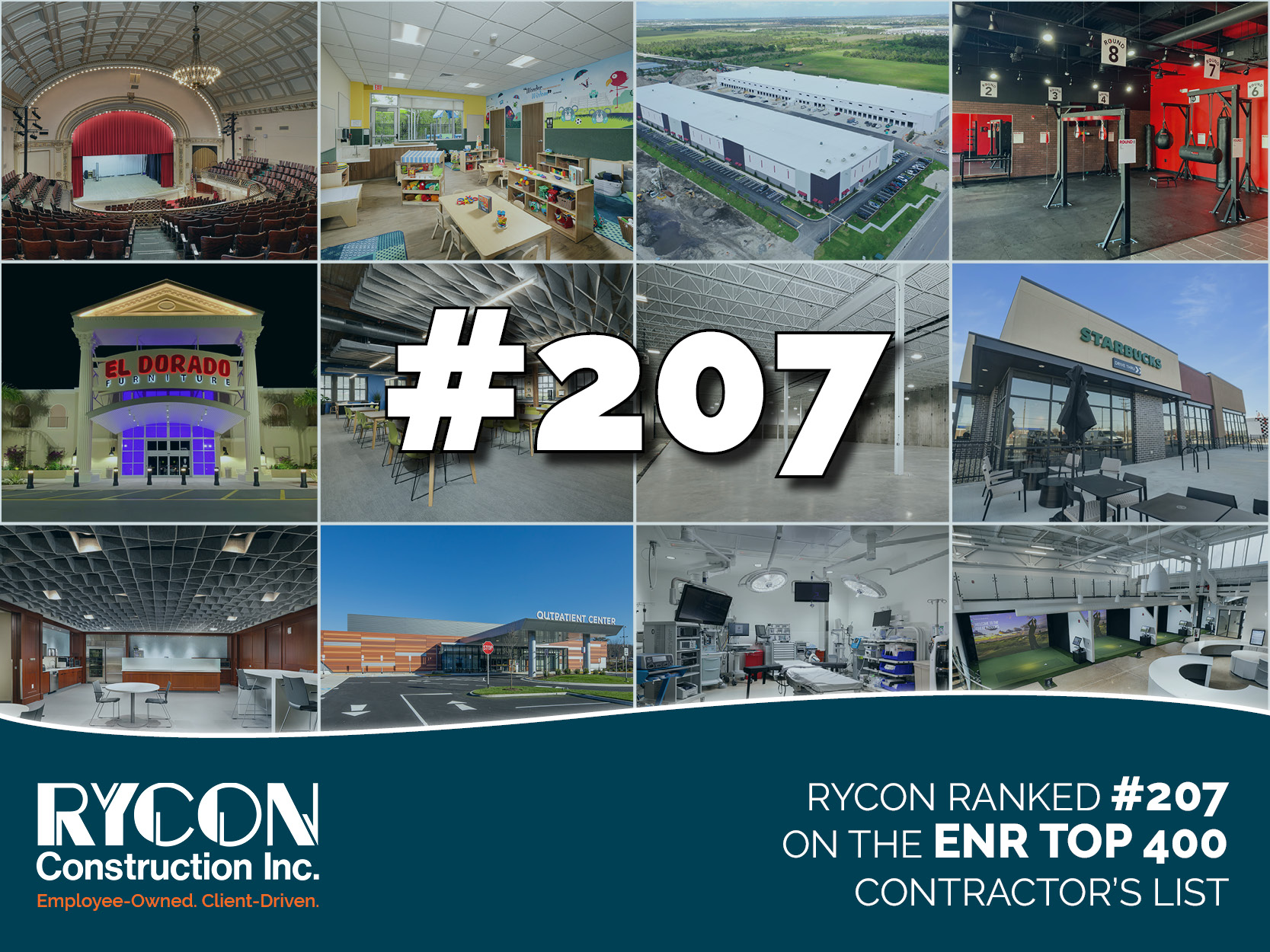 Collage of commercial construction projects by Rycon Construction Inc., with the text “Rycon ranked #207 on the ENR Top 400 Contractor’s List.”