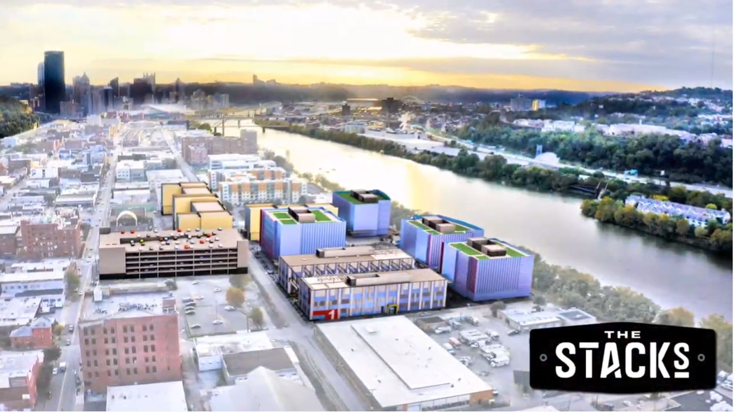 Architectural rendering of The Stacks development overlooking a river and city skyline.