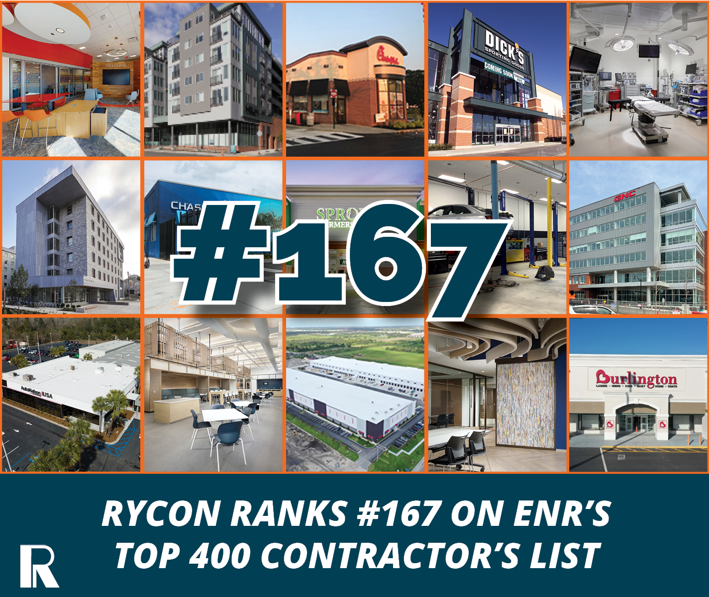 A grid of fifteen photos showcasing commercial construction projects, with the text “#167” overlaid in the center and “Rycon ranks #167 on ENR’s Top 400 Contractor’s list” at the bottom.