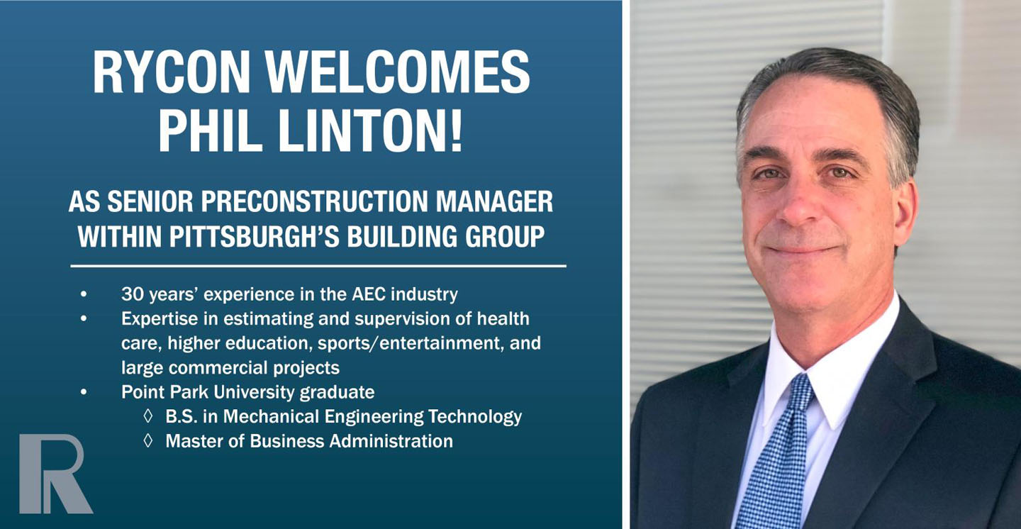Announcement of Phil Linton joining Rycon as Senior Preconstruction Manager, featuring his professional background and headshot.