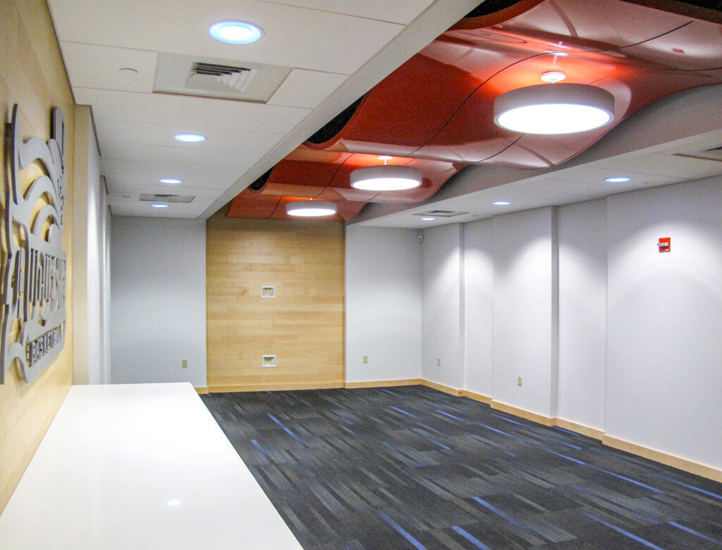 A modern empty room with a dark carpet, light wood accent wall, and a curved red ceiling feature with integrated round lights.