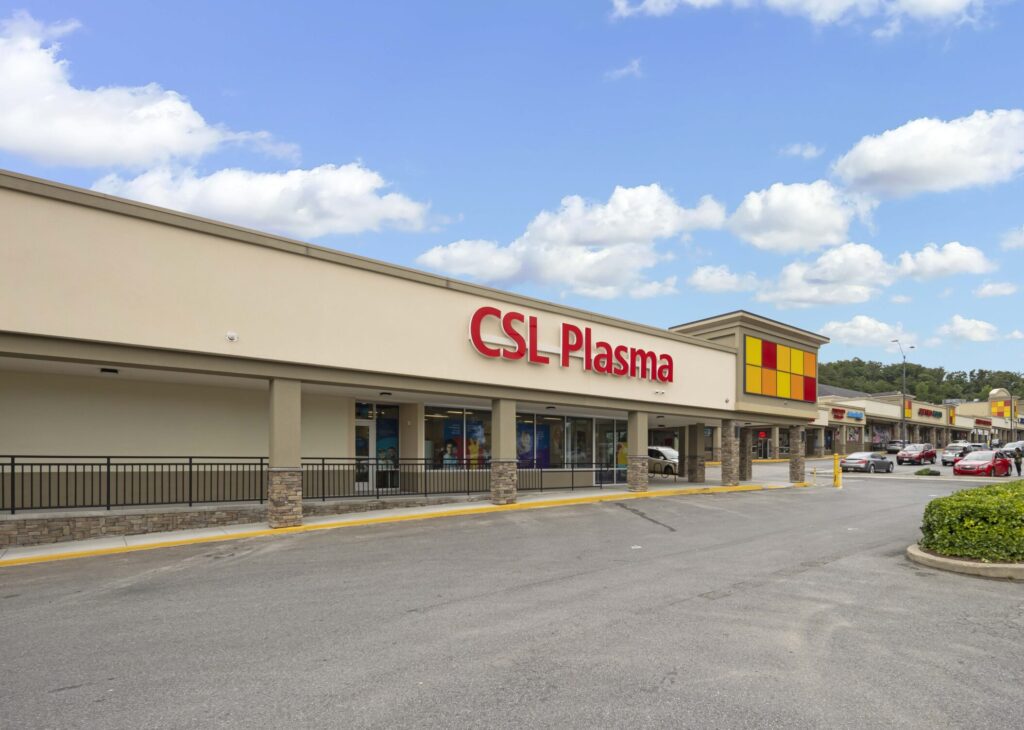 CSL Plasma storefront in a strip mall shopping center.