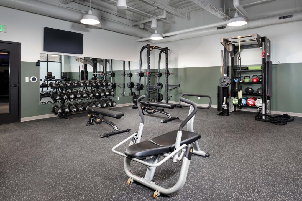 A gym interior featuring a weight bench, an abdominal exercise machine, a rack of dumbbells, and a shelving unit with kettlebells and medicine balls.