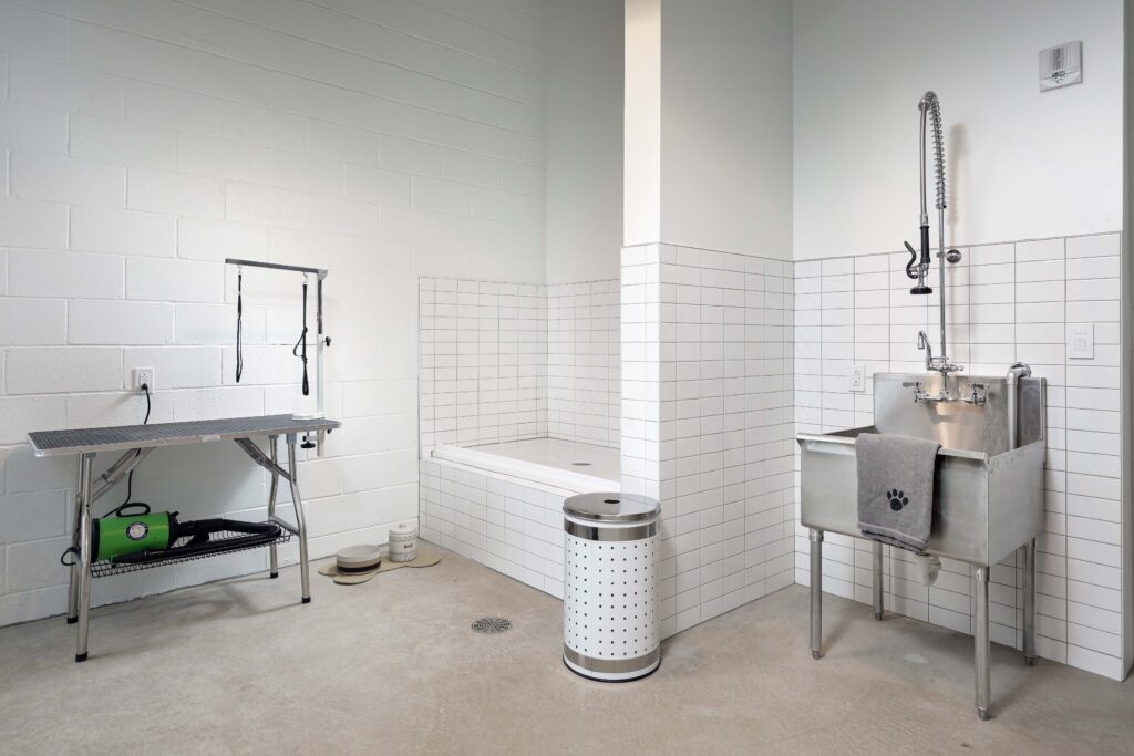 Dog grooming station with a stainless steel tub, a separate tiled bathing area, and a grooming table.