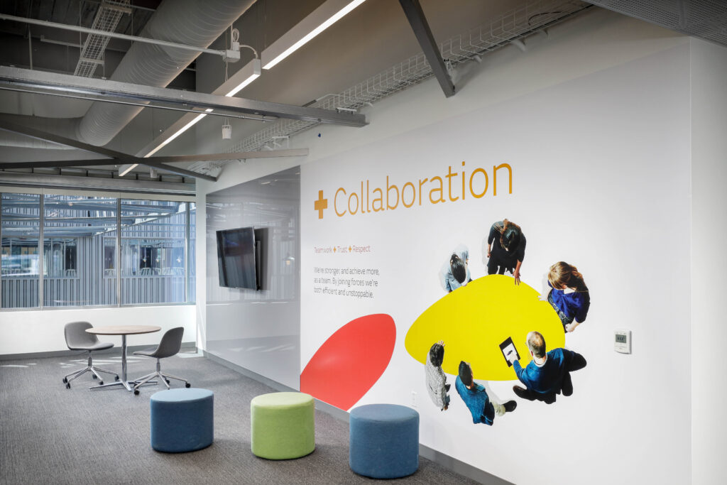 A modern office wall mural showing a group of people gathered around a yellow circular shape, with the text “Collaboration” and related mission statement.