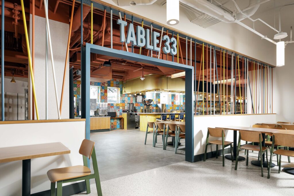 Interior view of a restaurant entrance with a sign above the doorway reading “TABLE 33,” featuring colorful patterned wall tiles, seating areas, and a kitchen counter in the background.