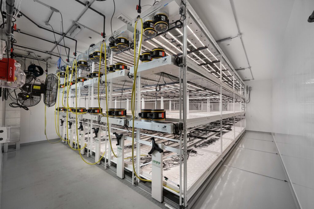 Multi-level vertical farming racks equipped with LED lighting and irrigation lines in a controlled indoor facility.