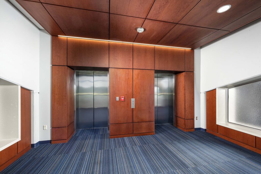 Two stainless steel elevators set into a wood-paneled wall above a blue striped carpet.