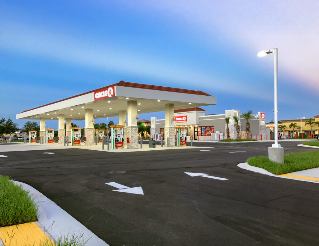 A Circle K gas station with a large canopy over the fuel pumps and an attached convenience store.
