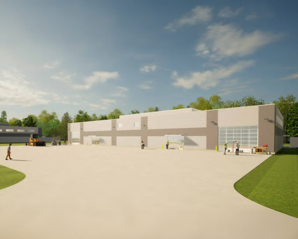 Digital rendering of a long, single-story industrial building with large garage doors and people walking across a paved lot.