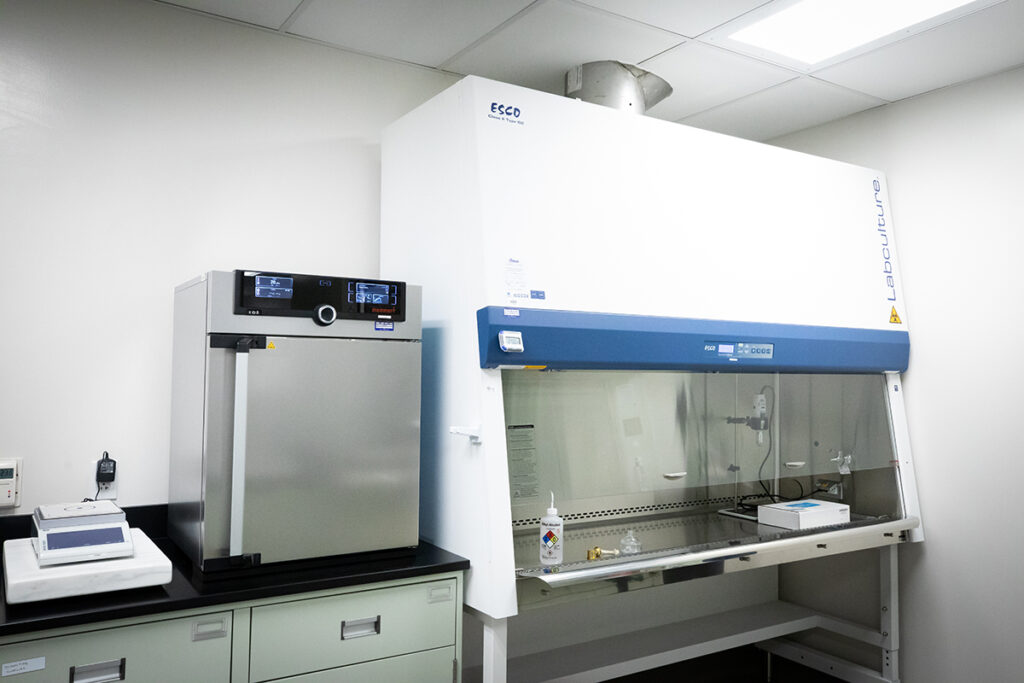 A laboratory setting featuring a stainless steel incubator on the left and a large white Esco laminar flow hood on the right.