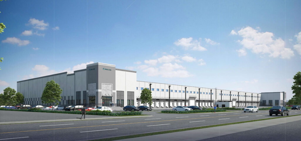 Architectural rendering of a large, modern Prologis warehouse facility with numerous loading docks and a parking lot in the foreground.