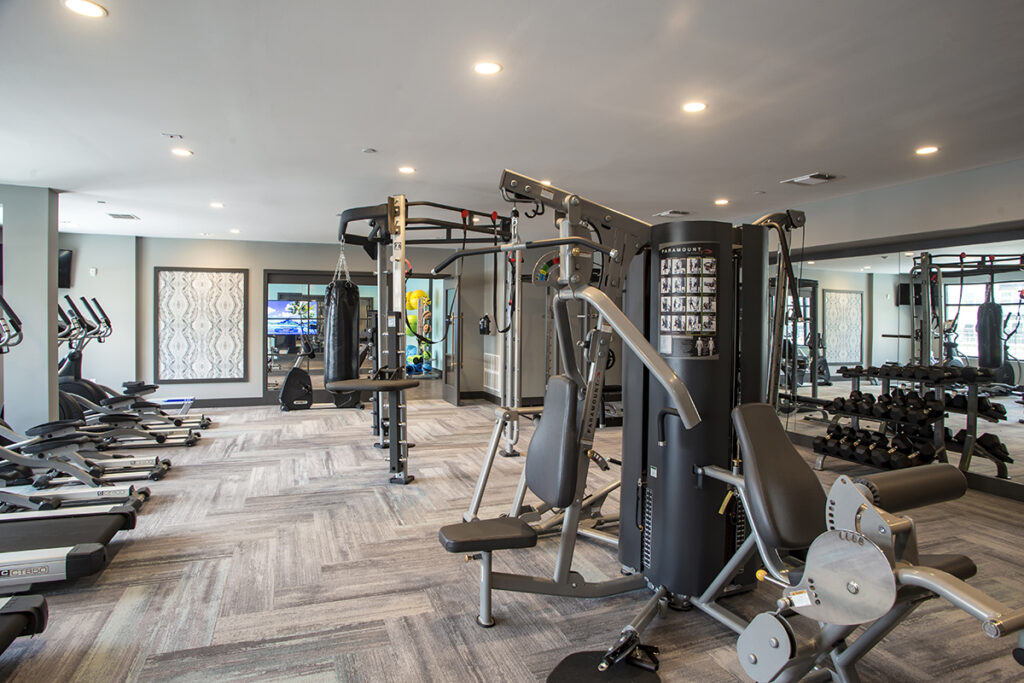 A gym interior featuring a multi-station weight machine, treadmills, a hanging punching bag, and a rack of dumbbells.