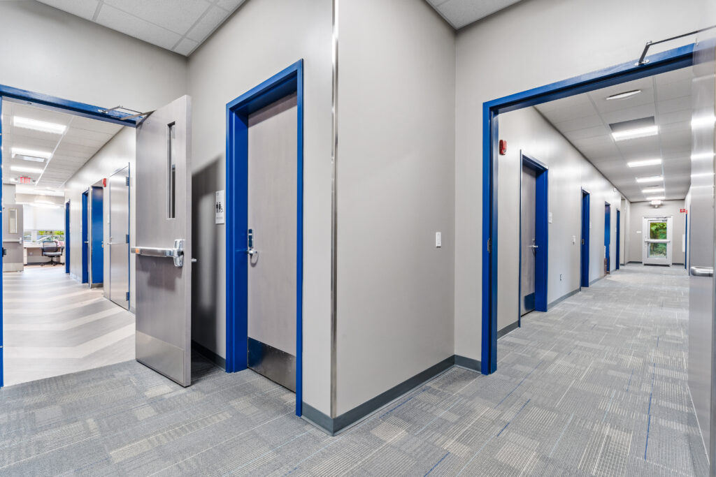 A hallway corner with multiple gray doors framed in blue, leading into office corridors.