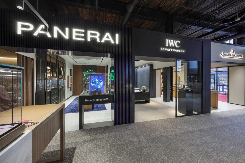 Storefronts for Panerai, IWC Schaffhausen, and Jaeger-LeCoultre luxury watch boutiques.