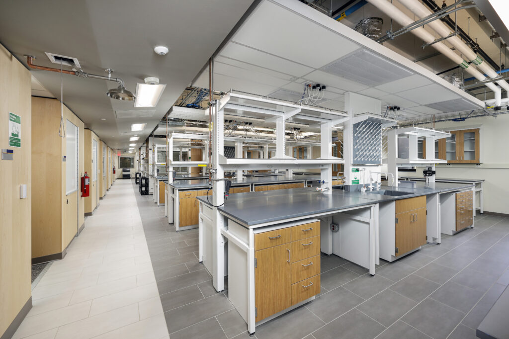 A wide view of a modern laboratory featuring rows of workstations with gray countertops, wooden cabinets, and utility shelving.