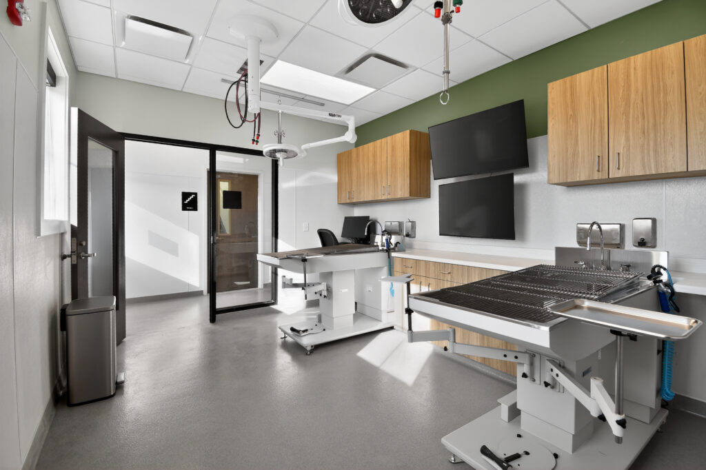 Veterinary exam room with two adjustable metal procedure tables, cabinets, and wall-mounted monitors.