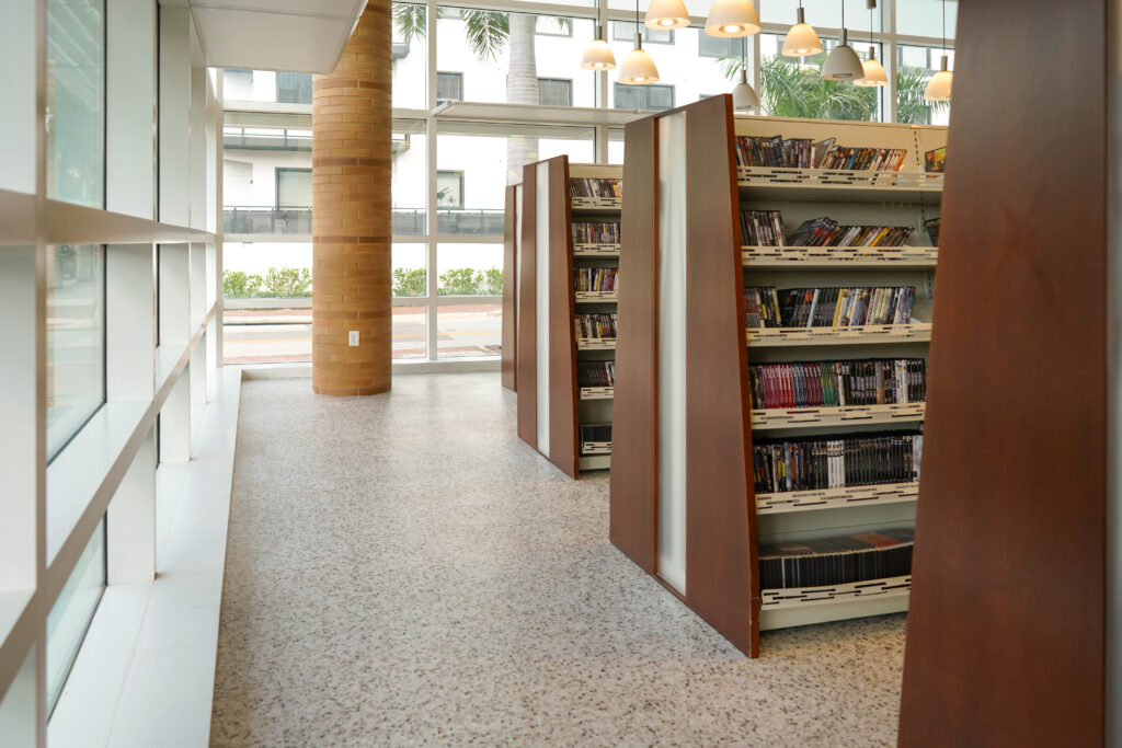 Rows of wooden media shelving units filled with DVDs in a bright, sunlit library with floor-to-ceiling windows.