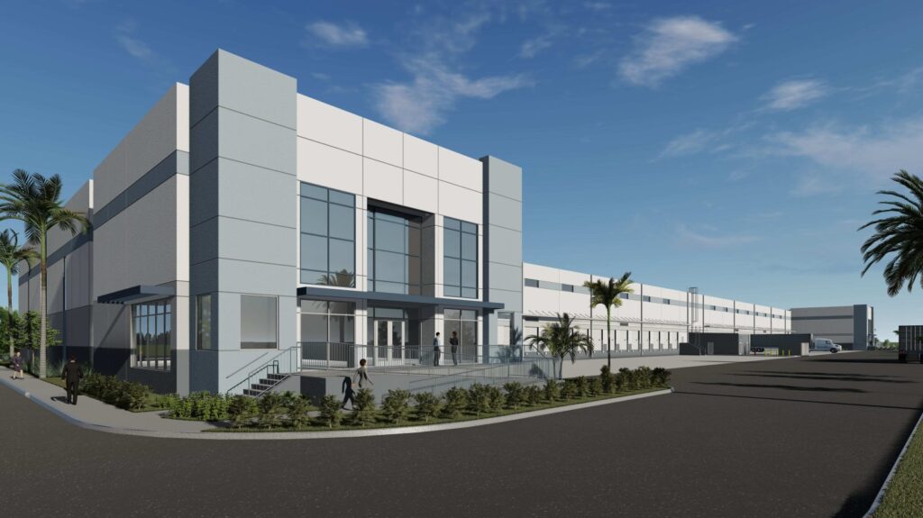 Architectural rendering of a modern, multi-story industrial warehouse building with a large parking lot and loading docks.