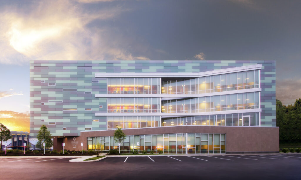 Exterior of the Children’s Hospital of Pittsburgh UPMC South building at sunset.