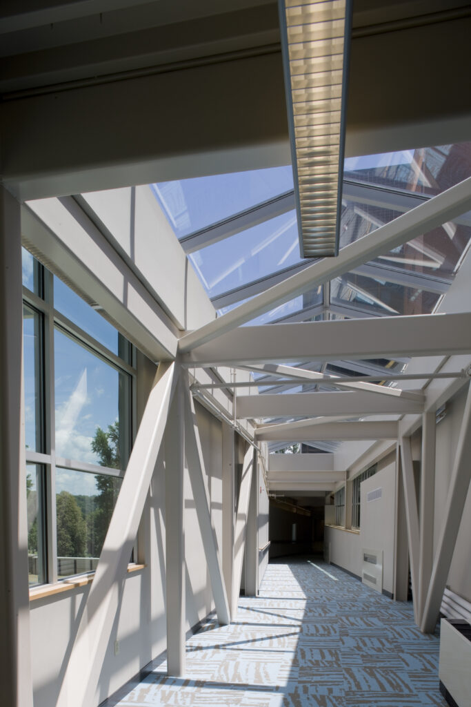 Interior hallway with a glass skylight ceiling and windows looking out onto trees.
