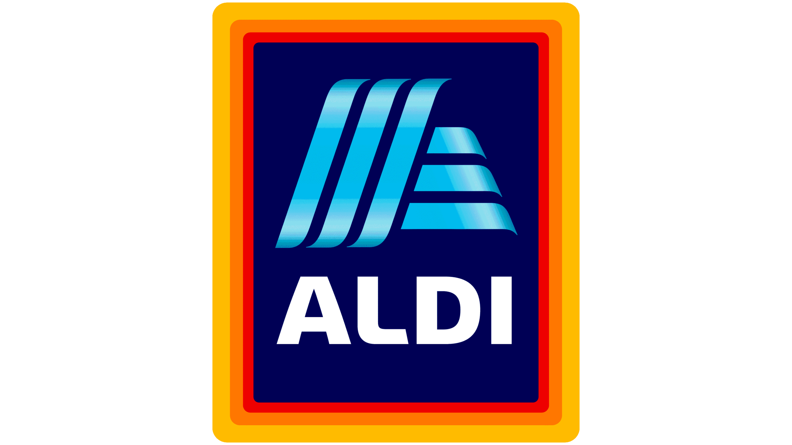 ALDI logo consisting of the word “ALDI” in white below three stylized blue stripes, all enclosed in a rectangular frame with orange and yellow borders.
