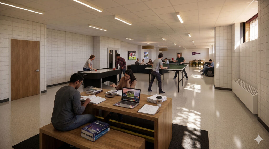 Students studying at a desk and playing air hockey and table tennis in a campus lounge area.