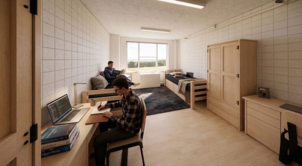 Two students study in a minimalist dormitory room with two beds, a desk, and a wardrobe.