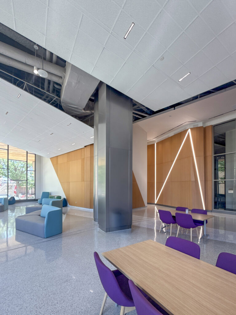 Modern lounge area with blue curved sofas, wooden tables with purple chairs, and wood-paneled walls featuring geometric LED lighting.