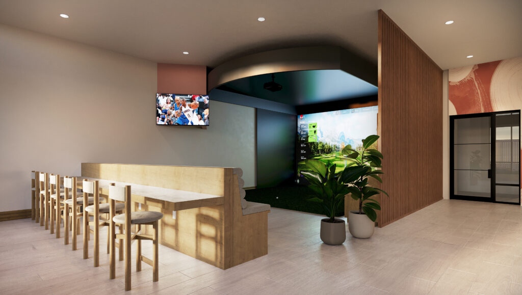 Indoor golf simulator room with a bar-height wooden counter, stools, wall-mounted television, and potted plants.