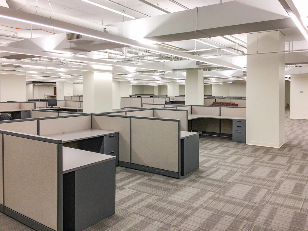 Empty office space featuring rows of grey cubicles on a carpeted floor.