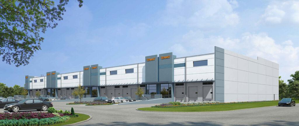 Rendering of a commercial warehouse building with loading docks, multiple entrance bays labeled “TENANT,” and a parking lot with cars in front.