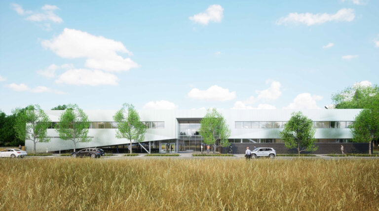 Architectural rendering of a modern, two-story office building with a long, horizontal facade, seen across a field of tall grass.