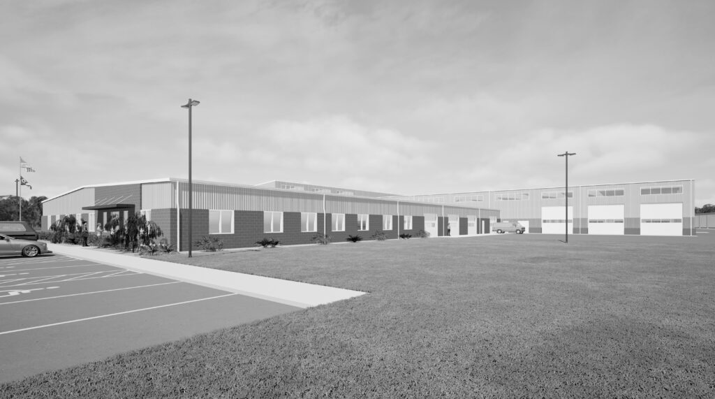 Architectural rendering of a low-rise commercial or industrial building with a paved parking lot in the foreground.
