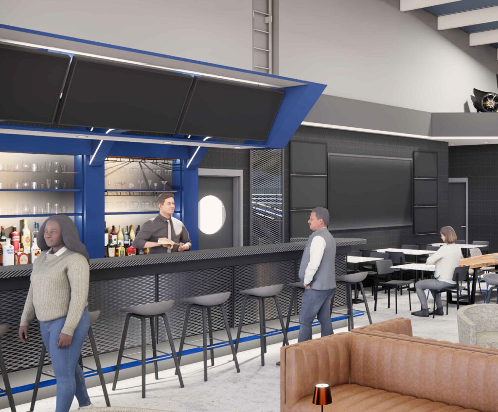 A modern lounge with a bar, featuring a bartender serving a patron, bar stools, and tables with seating.