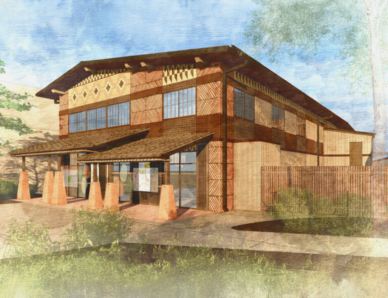 Architectural rendering of a two-story building featuring patterned wood siding, a wide overhanging roof, and a front entrance with pillars.
