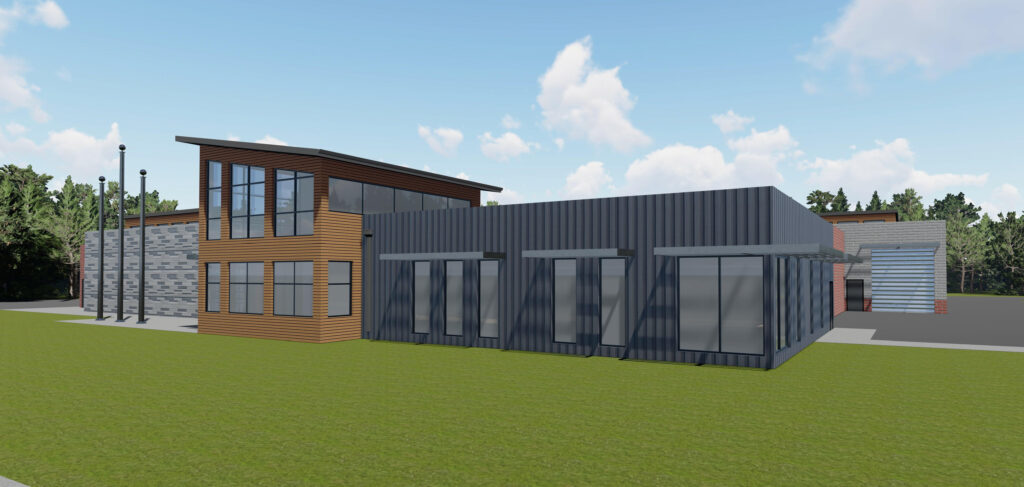Architectural rendering of a modern commercial building with a mix of dark gray metal siding, wood paneling, and stone accents.