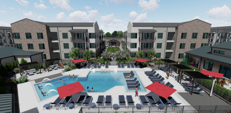 Aerial rendering of an apartment complex courtyard featuring a swimming pool with lounge chairs, red umbrellas, and a grassy lawn area between two residential buildings.