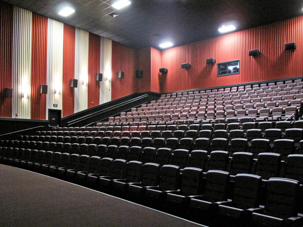 Empty movie theater with rows of dark seats facing the screen.