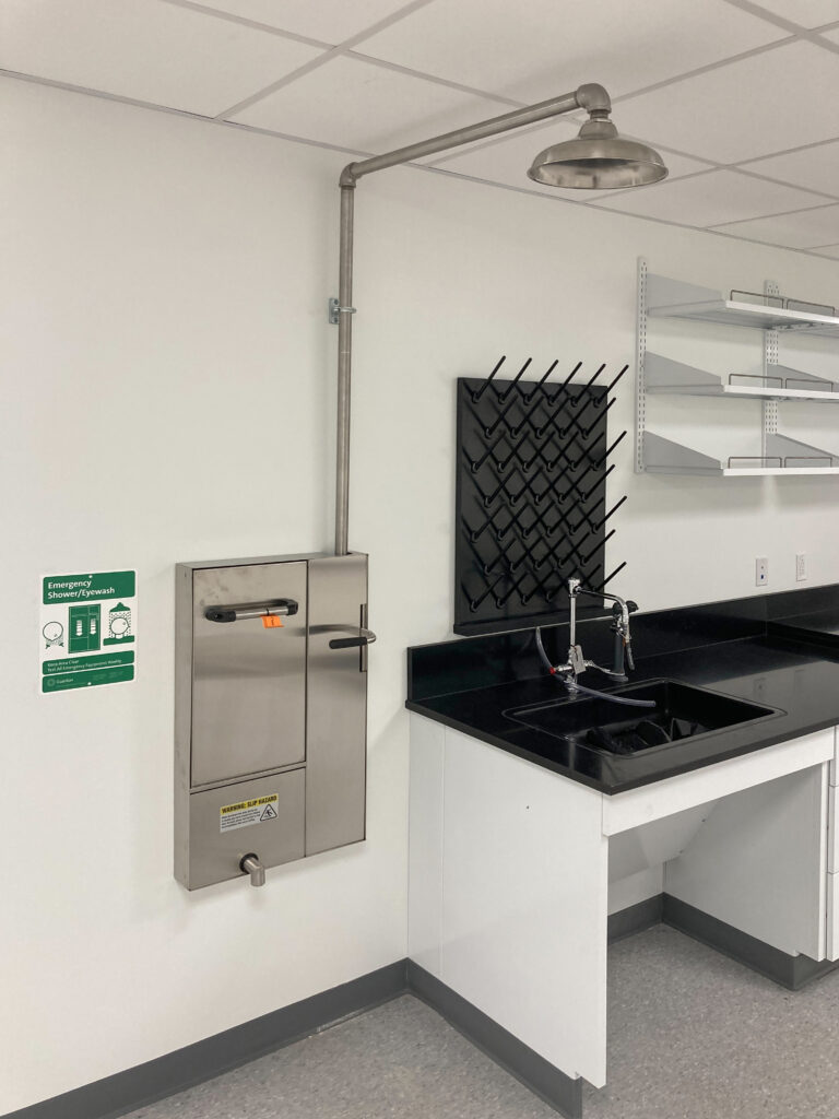 Emergency shower and eyewash station mounted on a wall next to a laboratory sink with a drying rack.