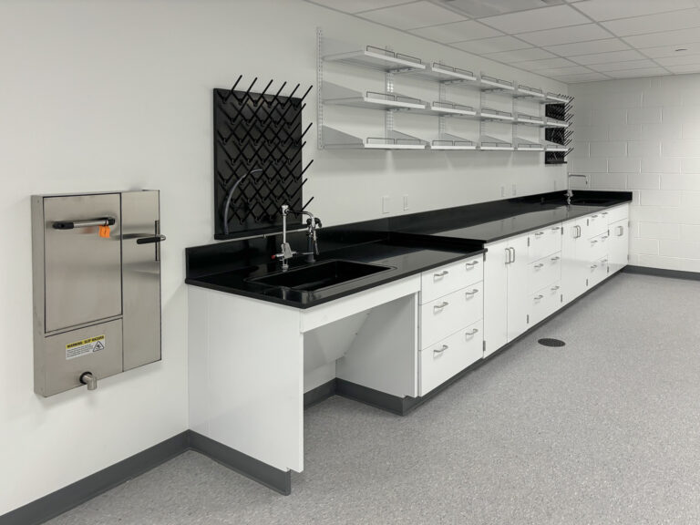 Laboratory workstation with white cabinets, a black countertop, a sink, wall-mounted drying racks, and a stainless steel wall-mounted cabinet with a warning label.