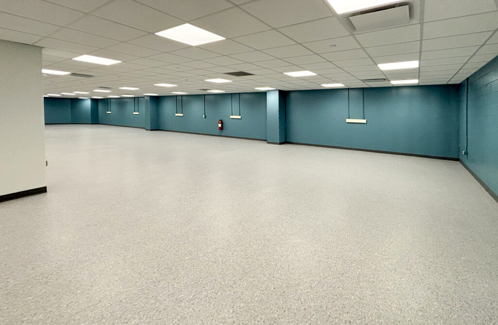 A large, empty office space with gray speckled flooring, teal walls, and a drop ceiling with recessed lighting.
