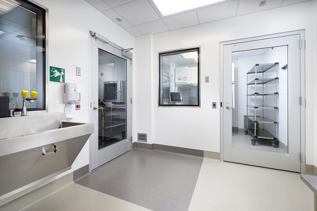 A sterile laboratory room featuring a stainless steel sink, two glass-paneled doors, a pass-through window, and a metal cart on wheels.
