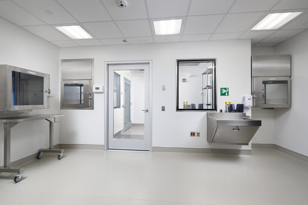 A clean room laboratory with stainless steel pass-through chambers, a central door, a wall-mounted sink, and a viewing window.