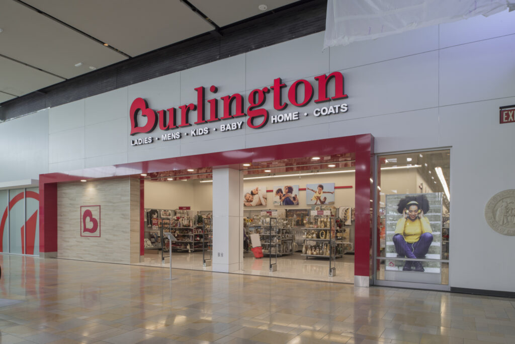 Burlington store storefront in a shopping mall.