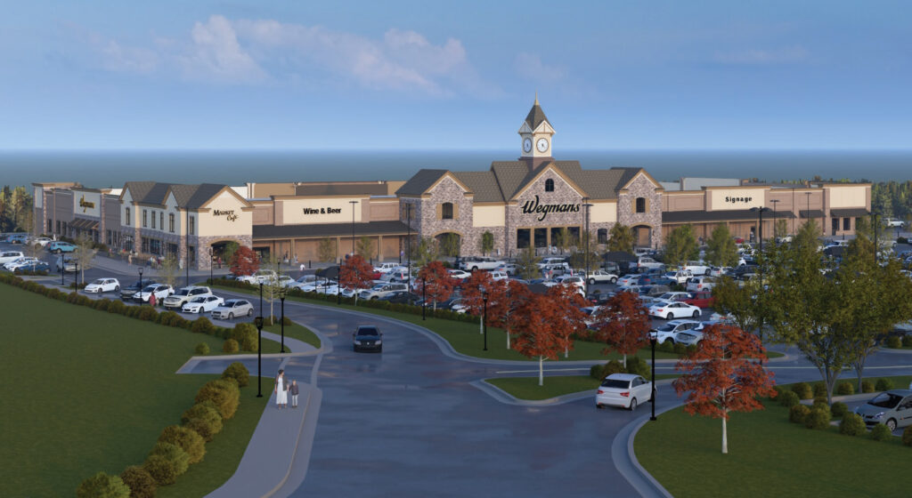 An architectural rendering of a Wegmans grocery store with an attached parking lot, surrounding trees, and a clock tower.