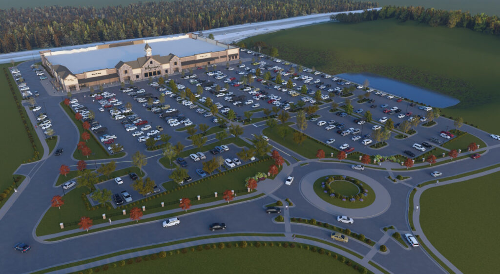 Aerial rendering of a Wegmans grocery store, its surrounding parking lot, and a nearby roundabout.